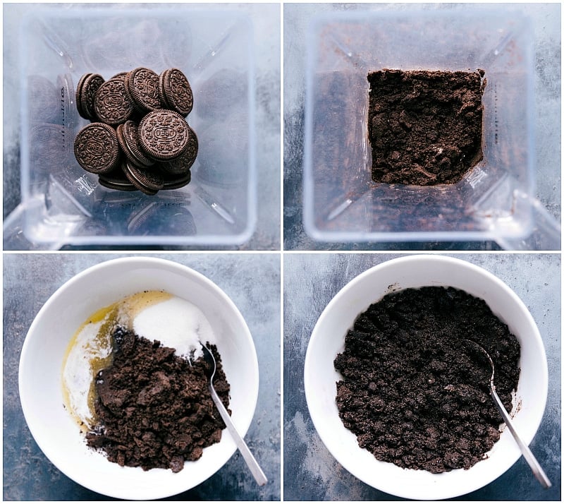 Oreos being blended into fine crumbs and combined with other ingredients to form a perfect pie crust.