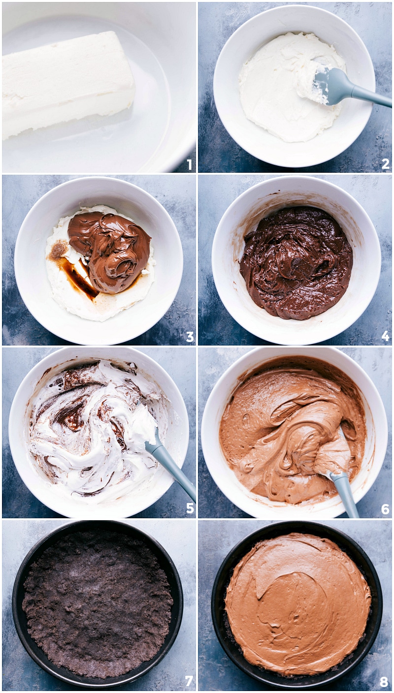 Process shots-- images of the chocolate hazelnut filling being made and added to the crust.