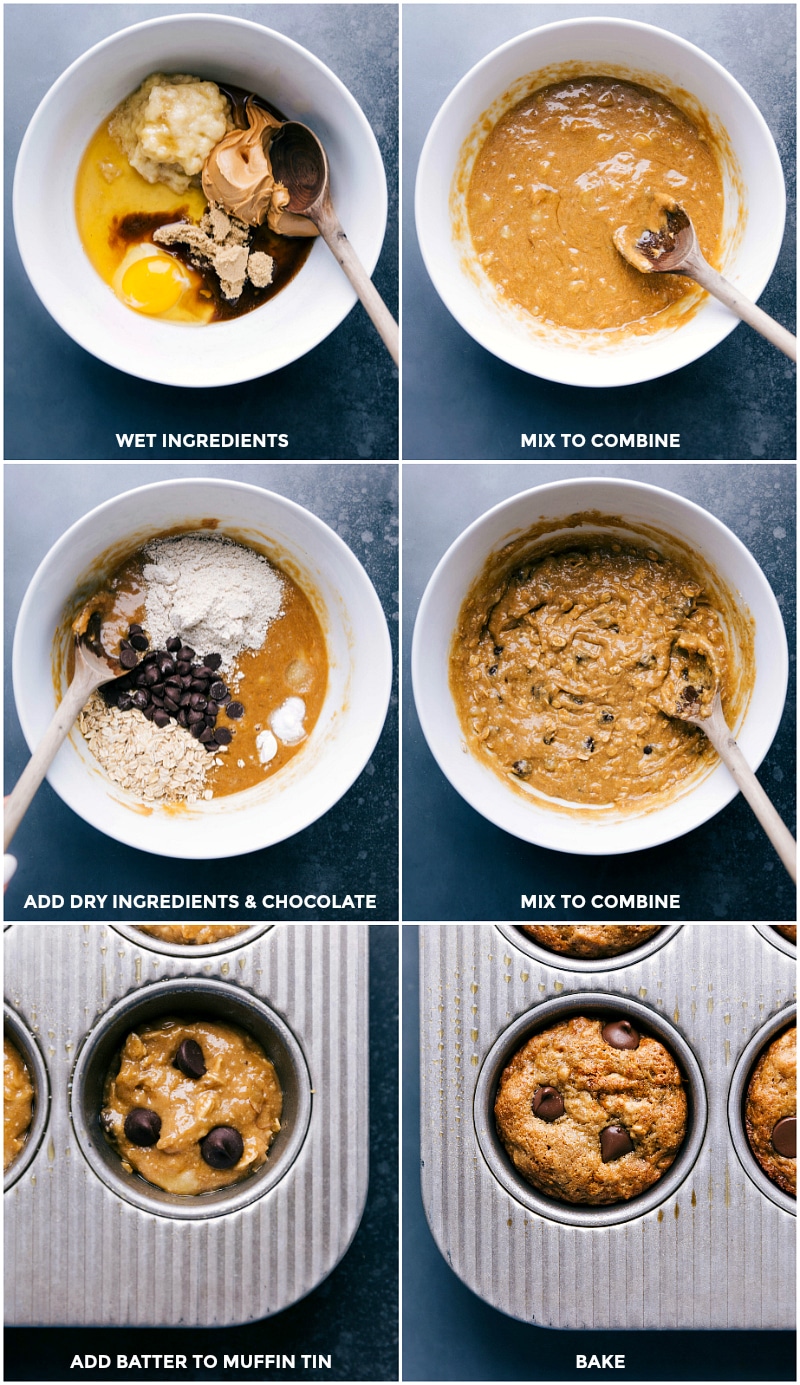 Process shots-- images of the wet ingredients being added to the dry; everything being mixed to combine; added to the prepared muffin tins to bake.