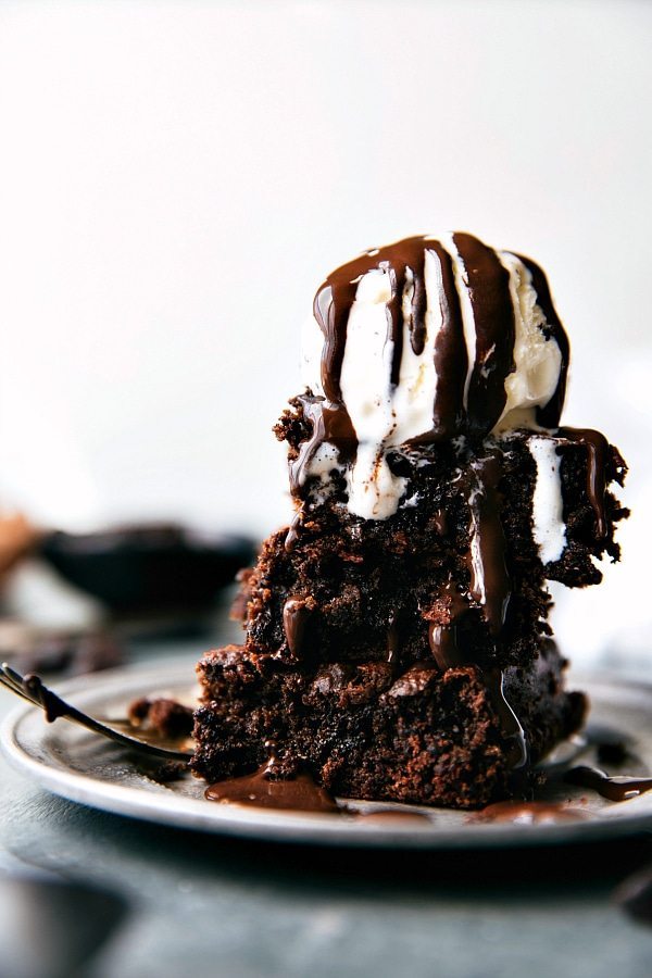 Applesauce Brownies with ice cream and chocolate syrup