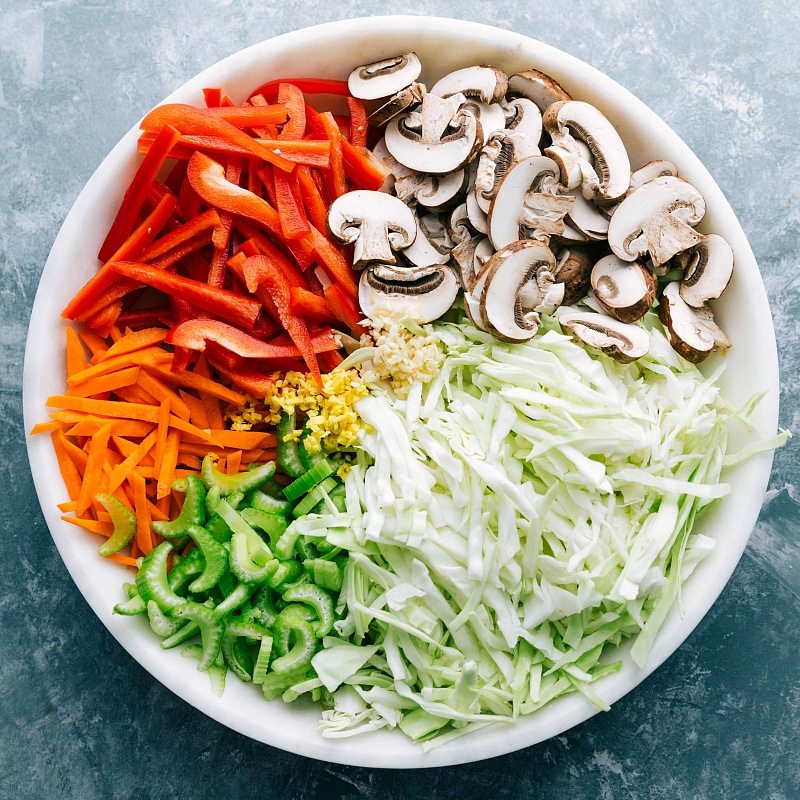 Overhead image of a bowl of chopped veggies that go into Chow Mein.