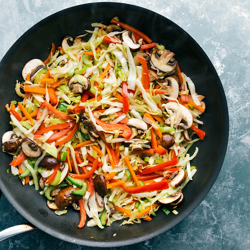 Image of all the veggies in the pan, being cooked for this Chow Mein recipe.