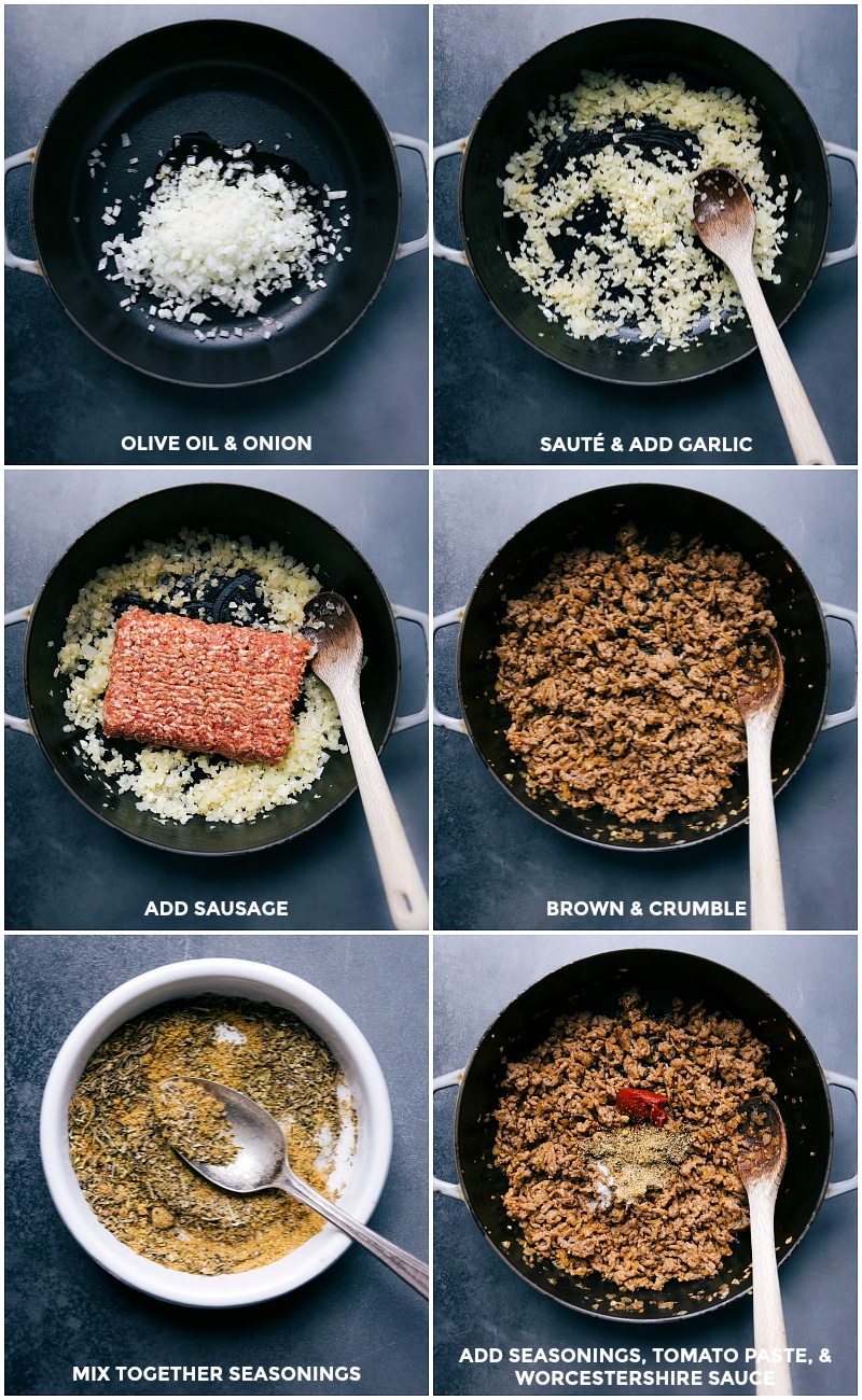 Process shots: sauté onion and garlic; add sausage; brown and crumble; measure seasonings; add seasonings, tomato paste and Worcestershire sauce to the pan.