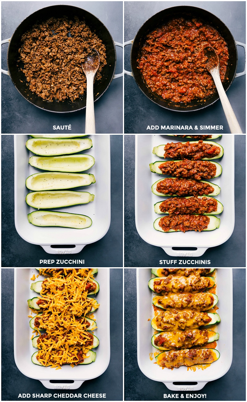 Process shots: sauté sausage and seasonings; add marinara sauce and simmer; prep the zucchini; stuff zucchini with meat mixture; top with Cheddar cheese; bake.