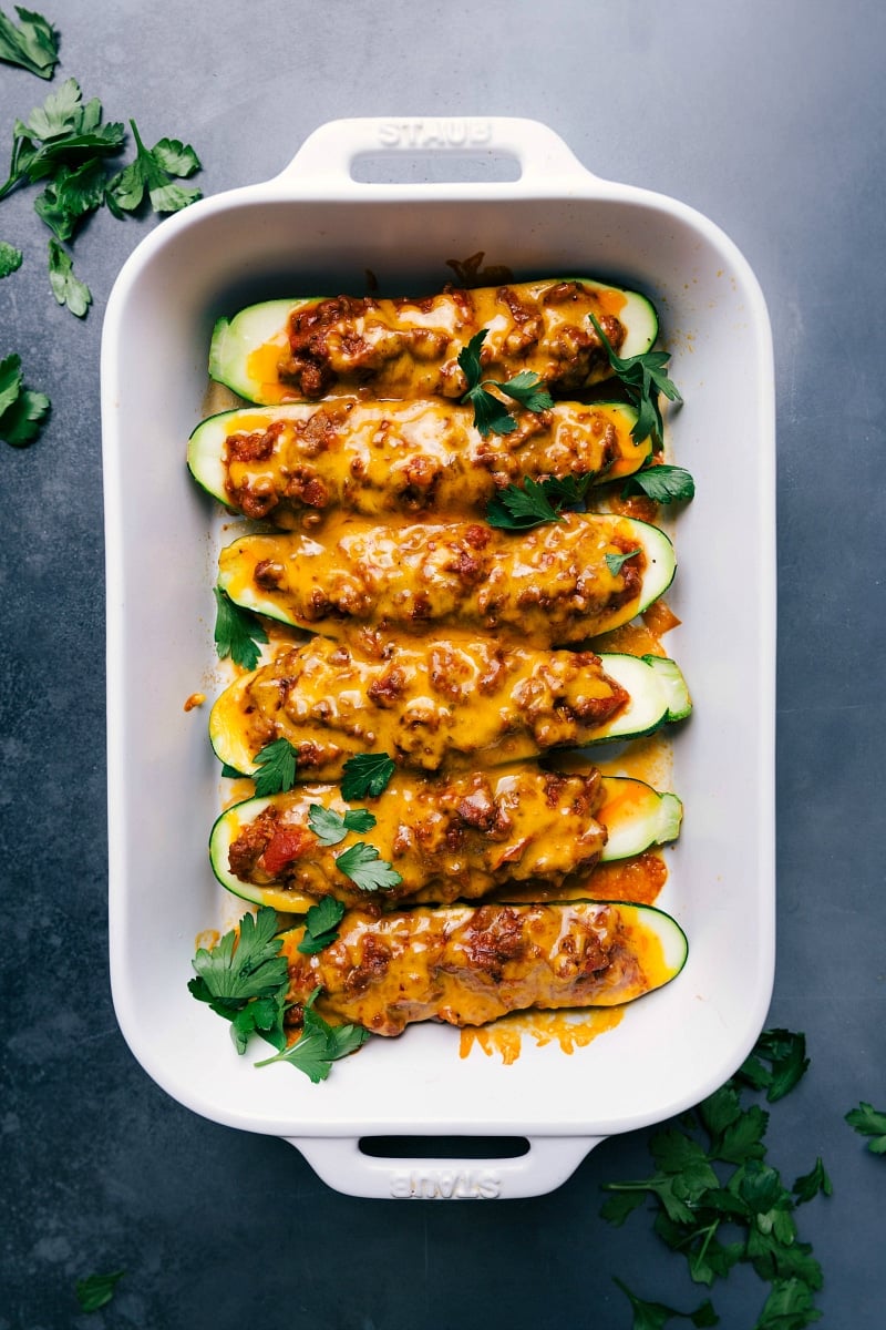 Overhead image of Zucchini Boats fresh out of the oven