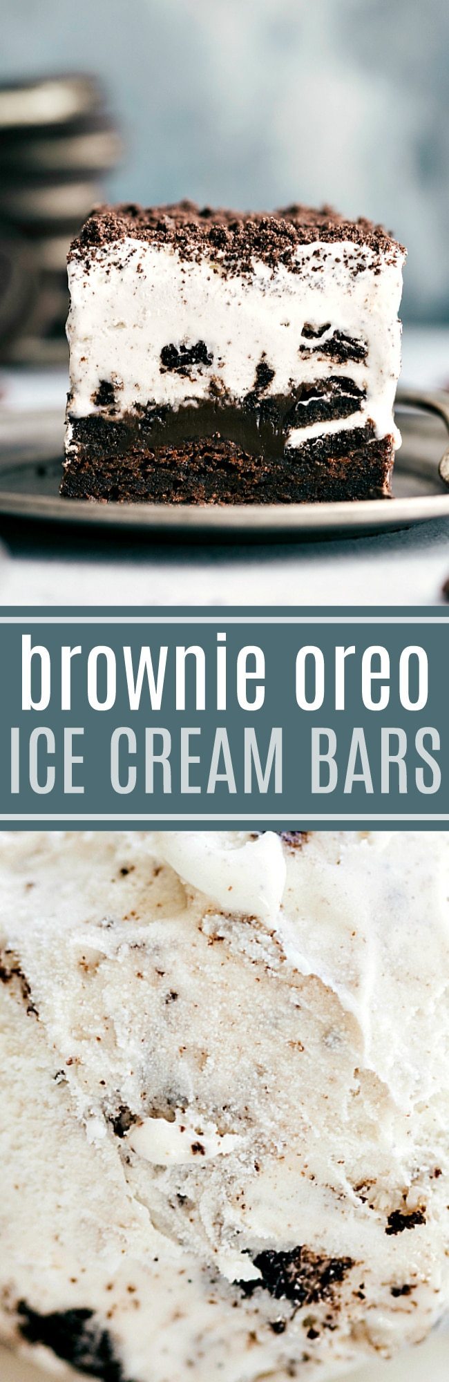 BROWNIE OREO ICE CREAM BARS!! Brownie-bottomed, oreo-topped, hot-fudge smothered, ice cream-covered dessert bars. So easy to make, perfect for a hot summer day, and absolutely delicious! chelseasmessyapron.com