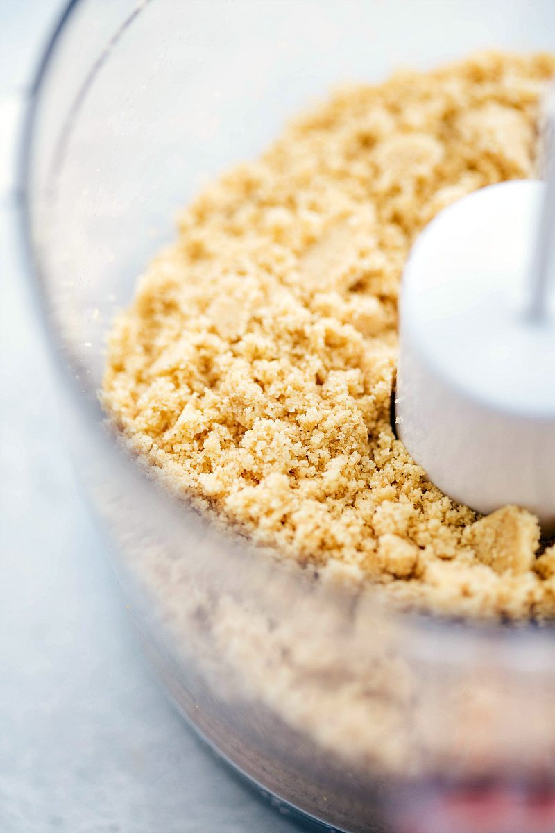 Crushed up shortbread cookies in food processor