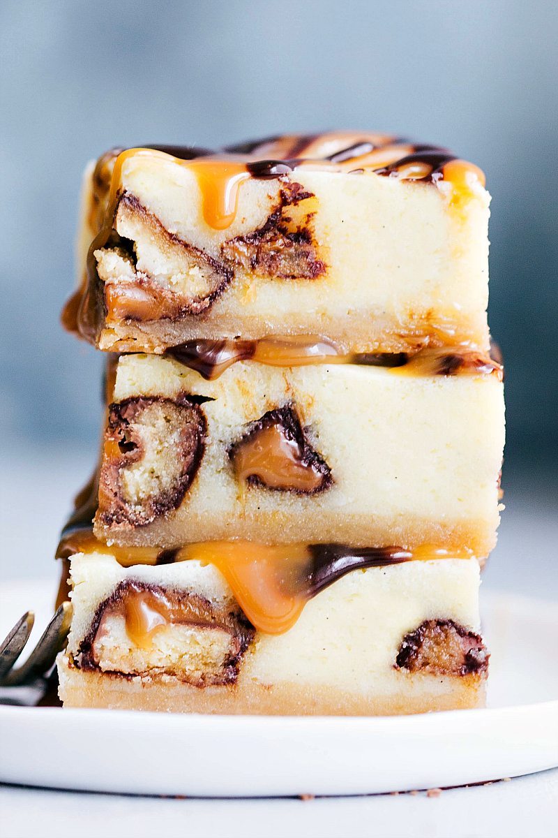 Stack of three Twix Cheesecake Bars