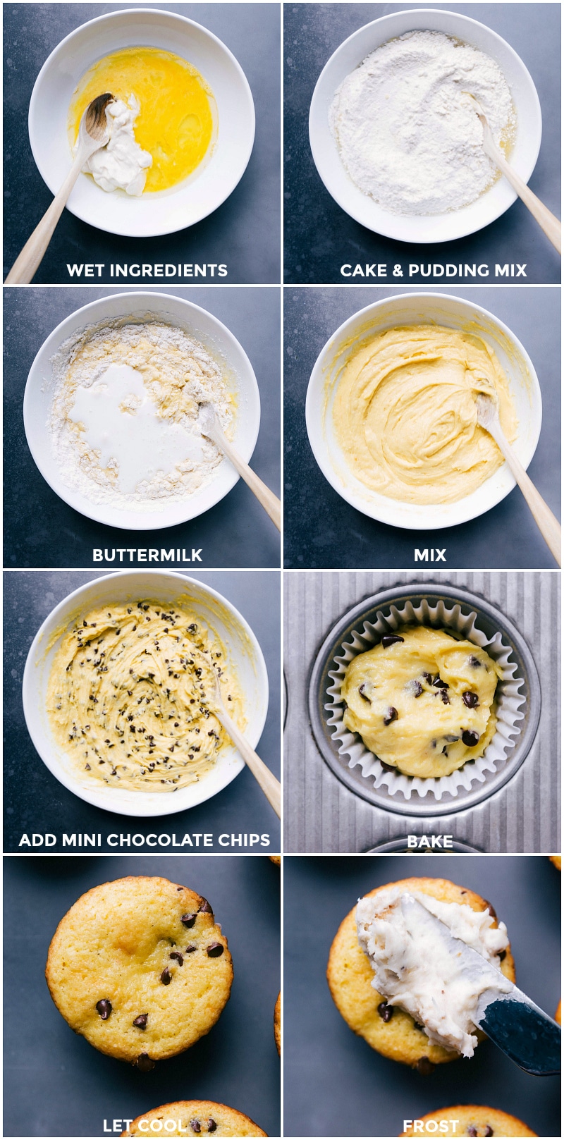 Process shots: mixing the wet ingredients; combining the cake mix and pudding mix; stirring buttermilk into the two mixes; adding mini chocolate chips, spooning dough into muffin cups; cooling once baked; frosting with cream cheese frosting.