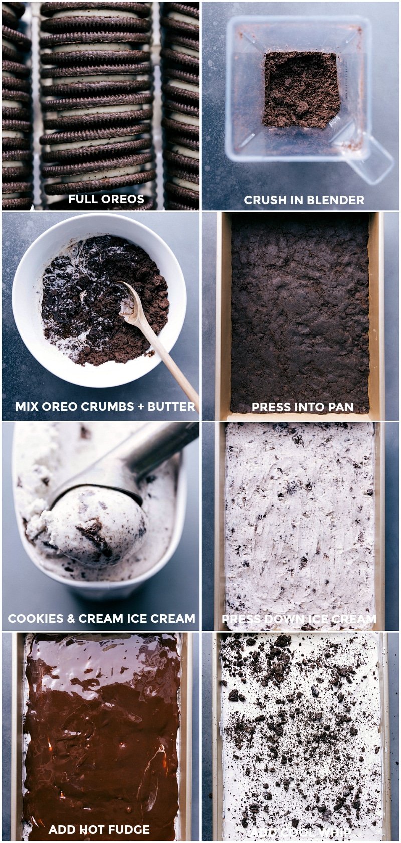 Layers of oreo crust, ice cream, rich fudge, and whipped cream being assembled for the oreo ice cream cake recipe.