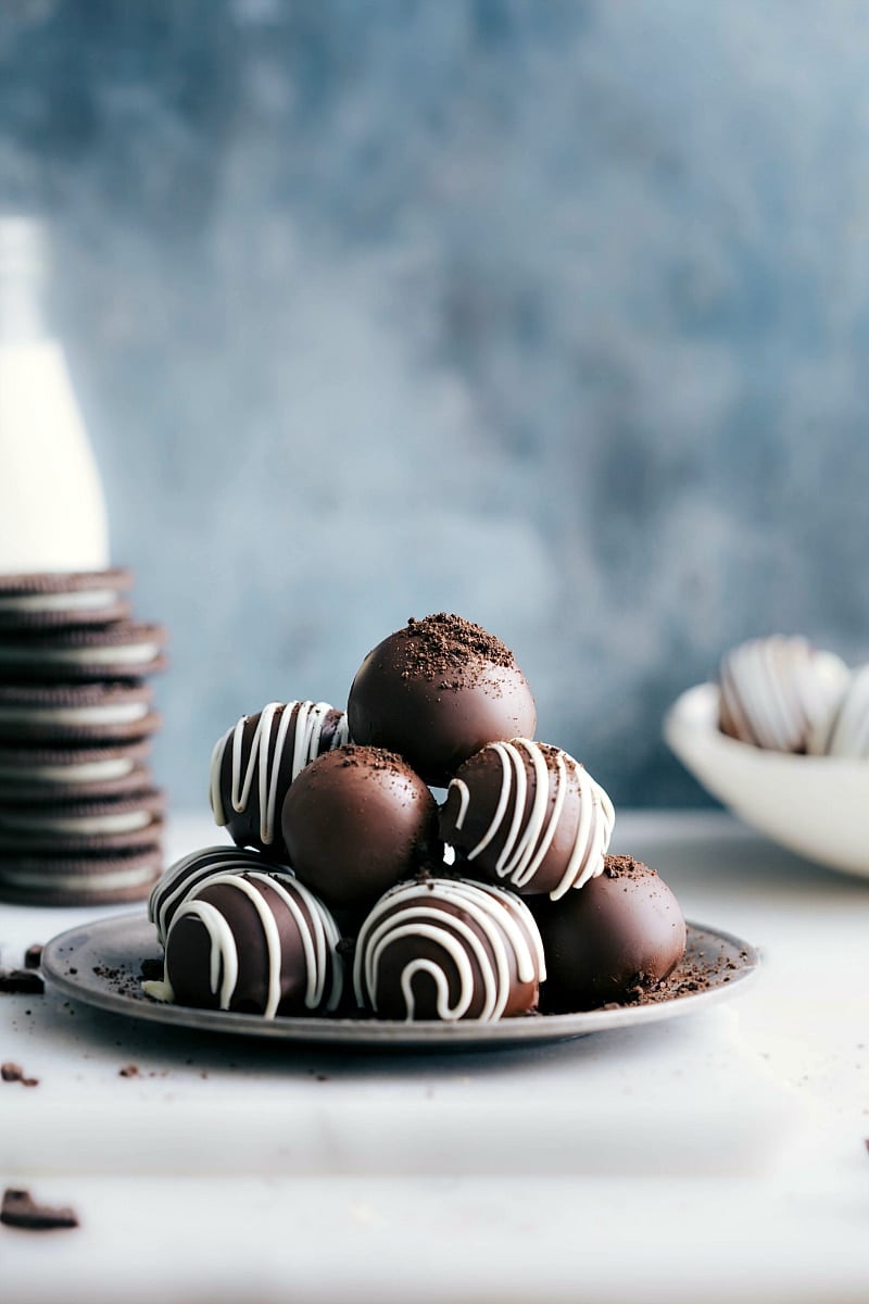 Oreo Balls, piled up on a plate.