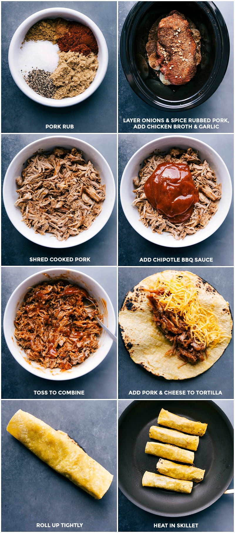 Process shots-- images of the pork being prepped in the slow cooker; then being cooked; and shredded; BBQ sauce being added; then the pork being added to a tortilla with cheese; rolled up; and fried in a skillet.