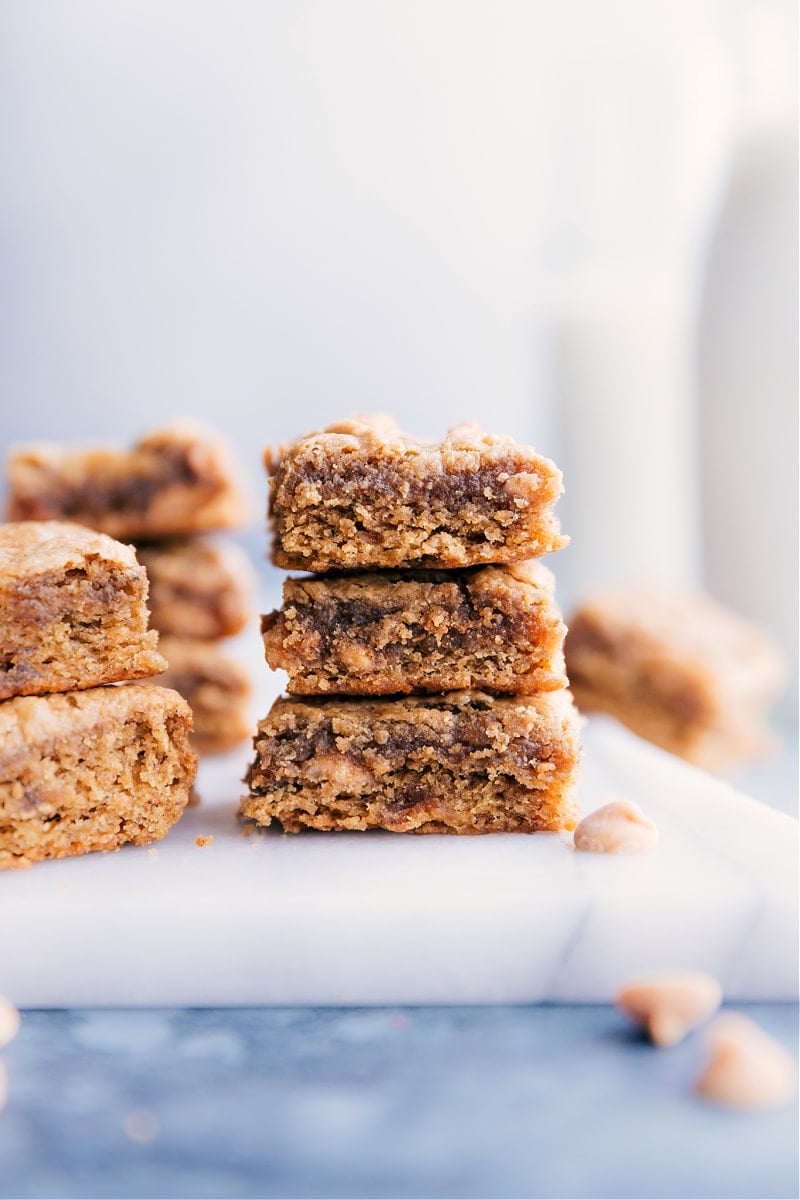 Image of the peanut butter banana bars stacked on top of each other