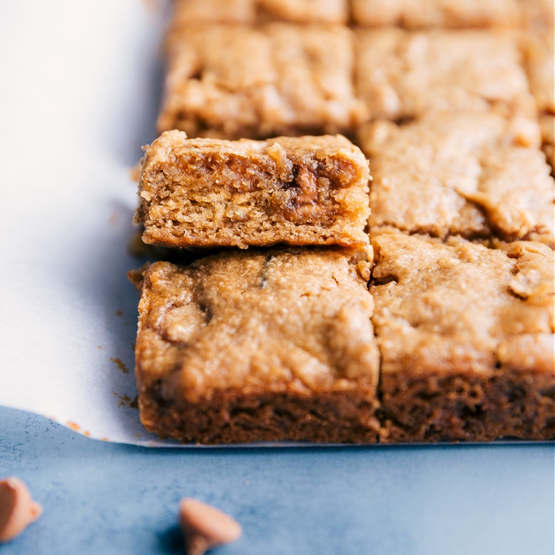 Up close image of the peanut butter banana bars ready to be eaten