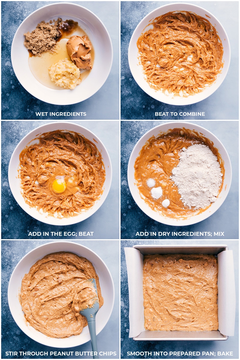 Process shots-- images of the wet ingredients and dry ingredients being combined and mixed together and added to prepared pan