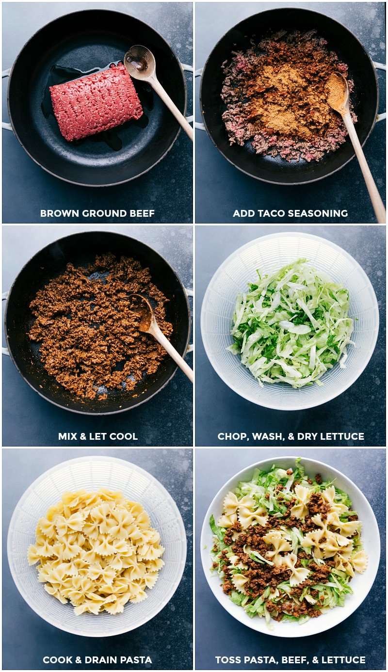 Process shots-- cooking the ground beef; chopping the lettuce; Cooking and draining the pasta; and combining everything