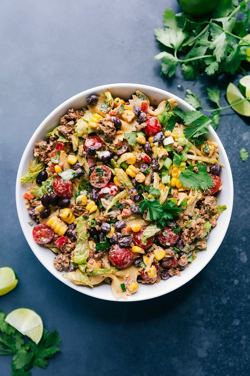 Taco pasta salad mixed together, creating a delicious and satisfying meal.