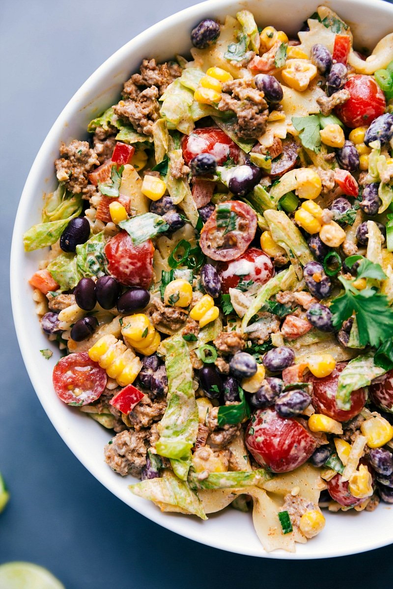 Up-close overhead image of Taco Pasta Salad.