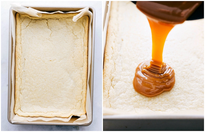 Adding melted caramel to the sugar cookie Twix base.