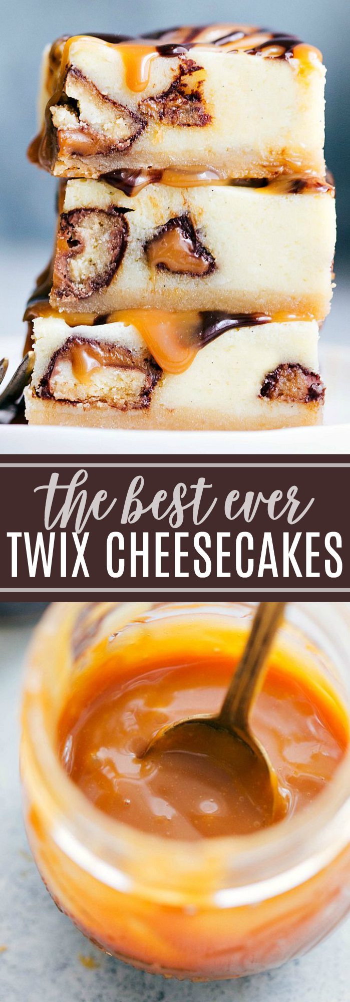 The BEST EVER Twix Cheesecake Bars with an easy (2-ingredient) caramel sauce and chocolate ganache. Everyone goes crazy over this dessert! chelseasmessyapron.com #twix #cheesecake #bars #caramel #chocolate #sauce #ganache #shortbread #crust #easy #dessert #desserts #kidfriendly #cheesecakes