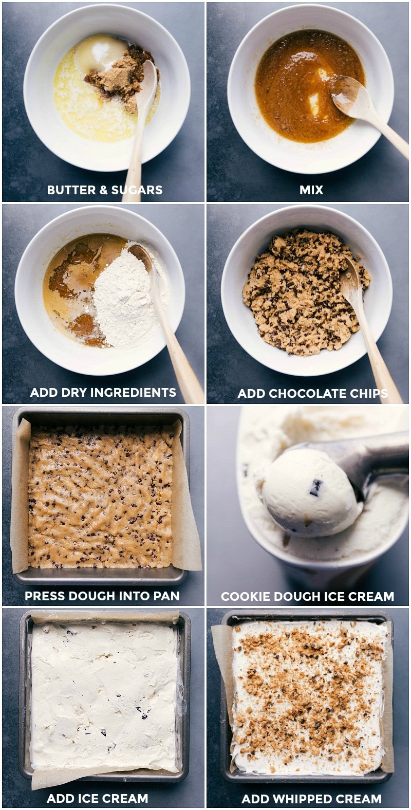 Process shots-- images of the cookie dough base being made and pressed into the pan; the ice cream being scooped over the dough; and whipped cream added on top and frozen.