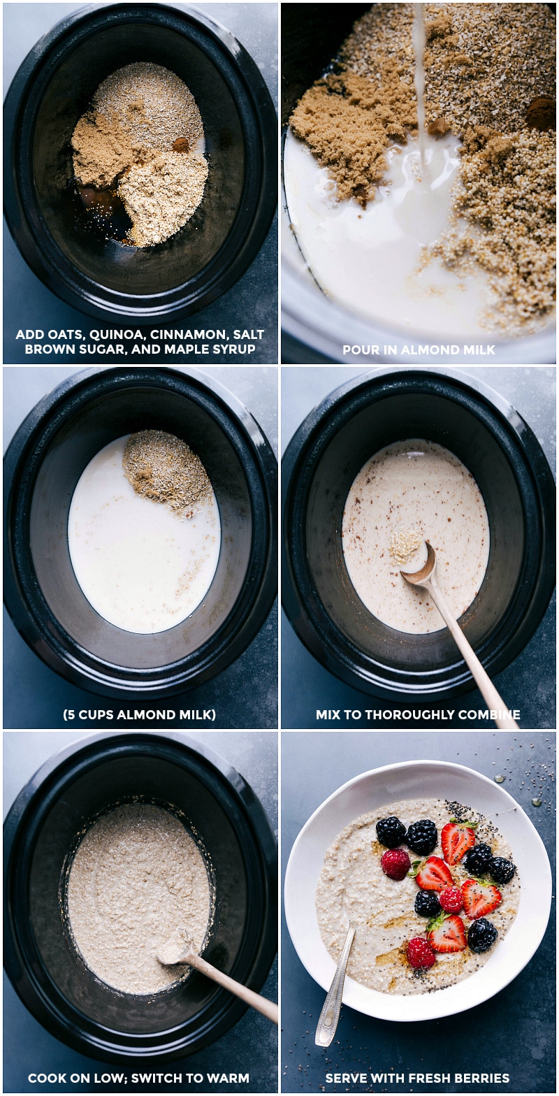 Process shots-- images of all the ingredients being added to the slow cooker and being cooked on low.