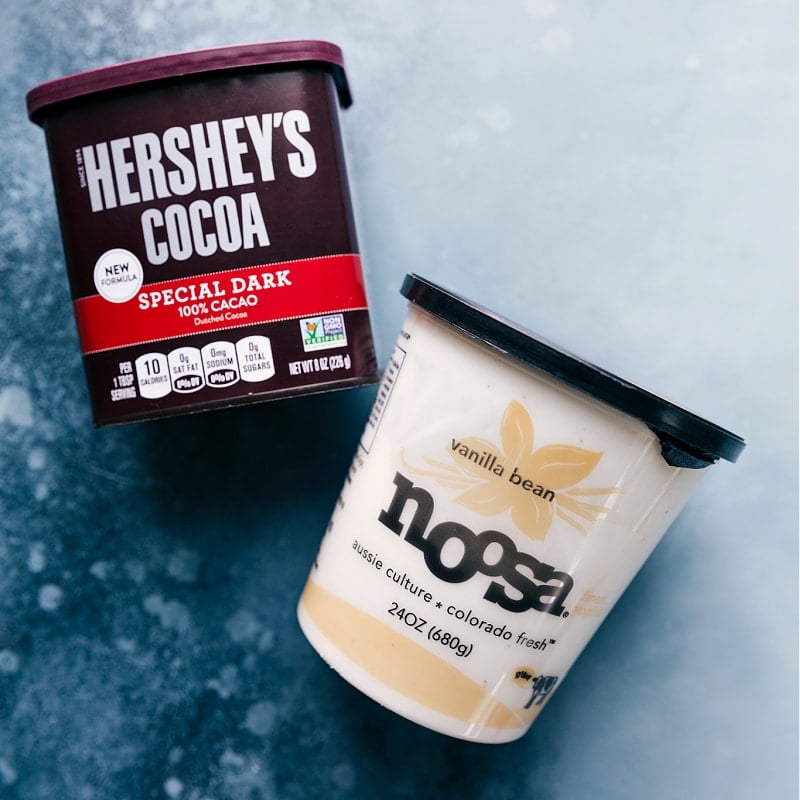 Ingredient shot-- the cocoa powder and yogurt used in this dessert