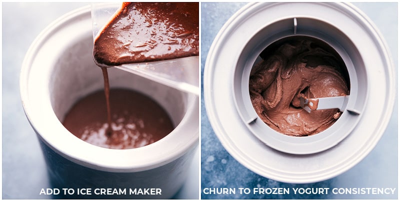 Adding the chocolate mix to the ice cream maker