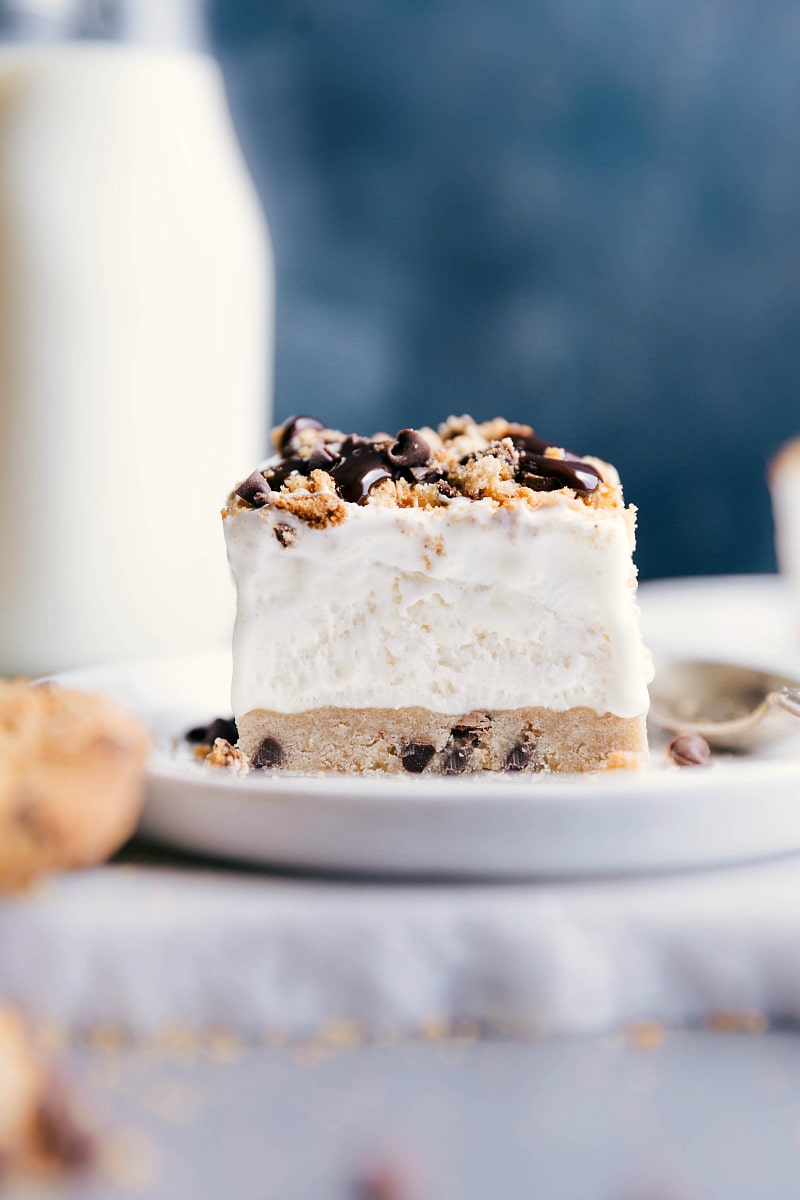 Image of a Cookie Dough Ice Cream Bar, on a plate, ready to be eaten.