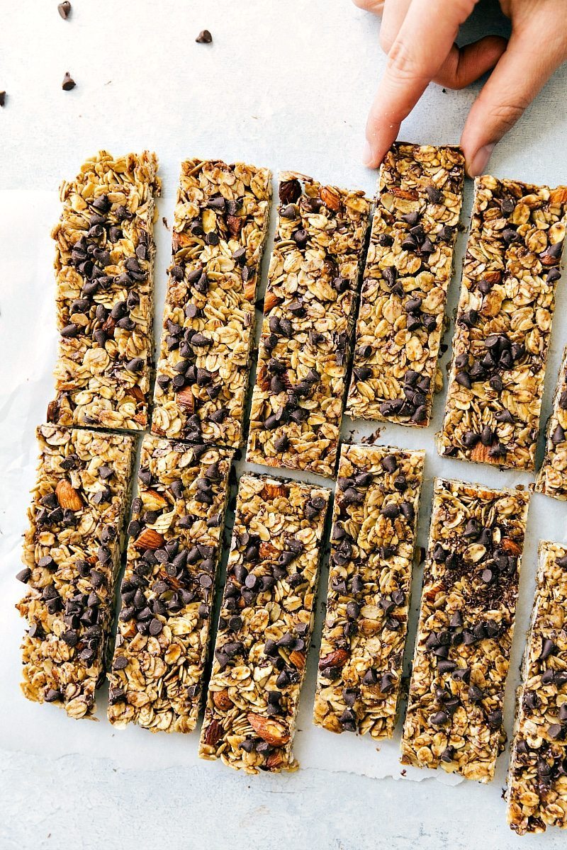 Finished homemade granola bars, a delightful treat perfect for eating on the go.