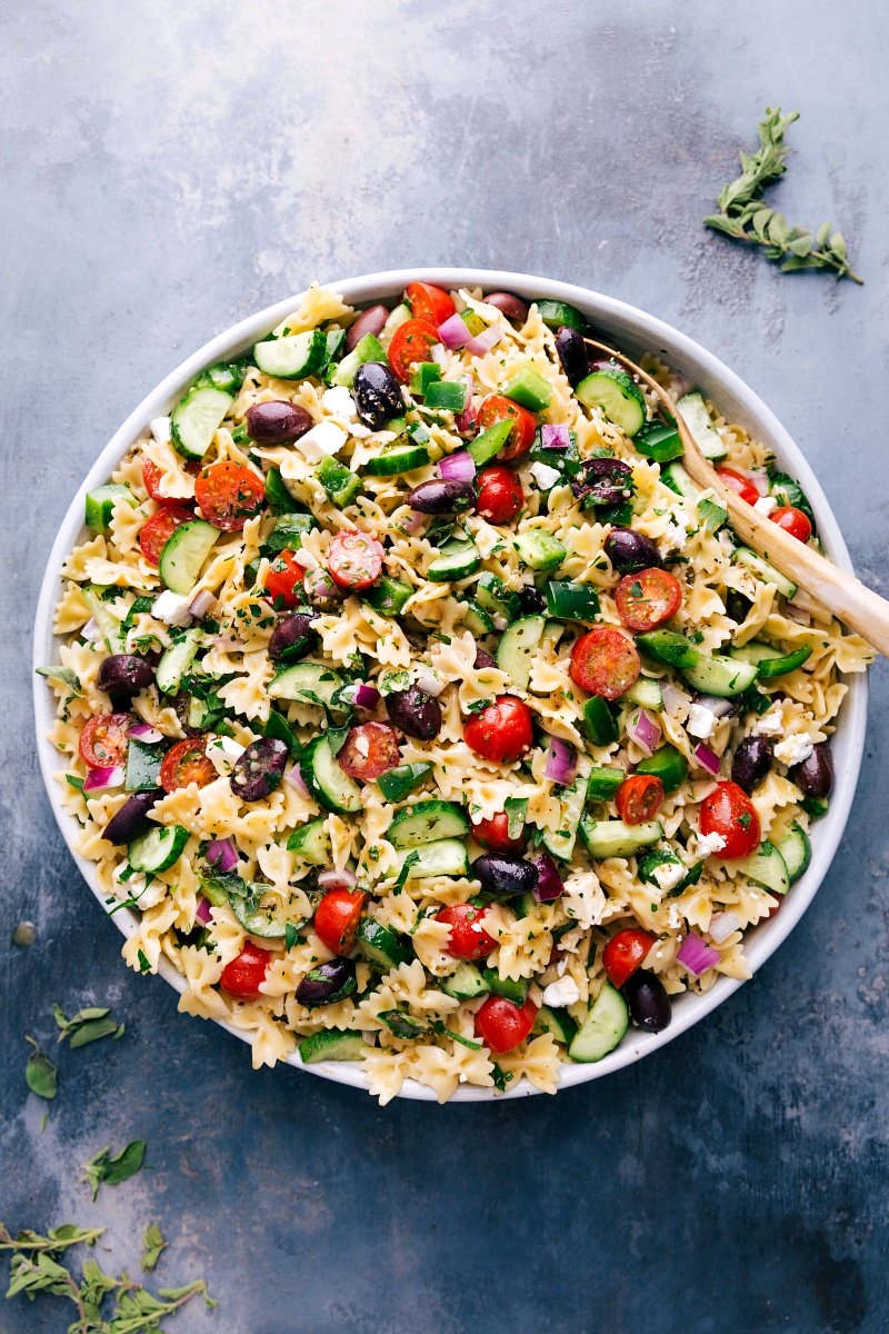 Overhead image of Greek Pasta Salad, ready to be eaten.