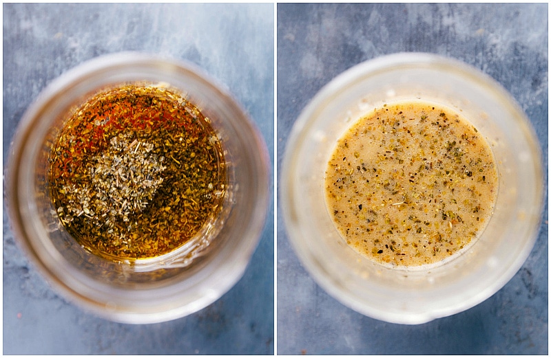 Process shot-- image of the Greek vinaigrette dressing being made in a Mason jar.