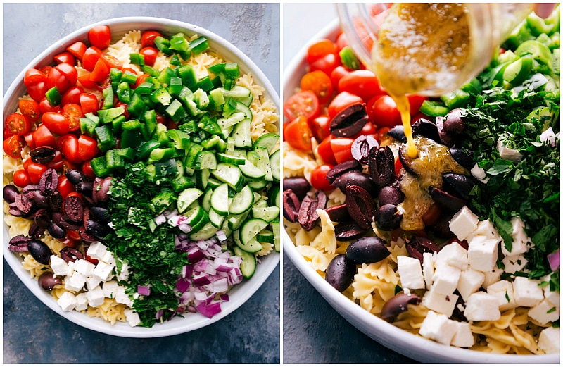 Image of the dressing being poured over the Greek Pasta Salad.