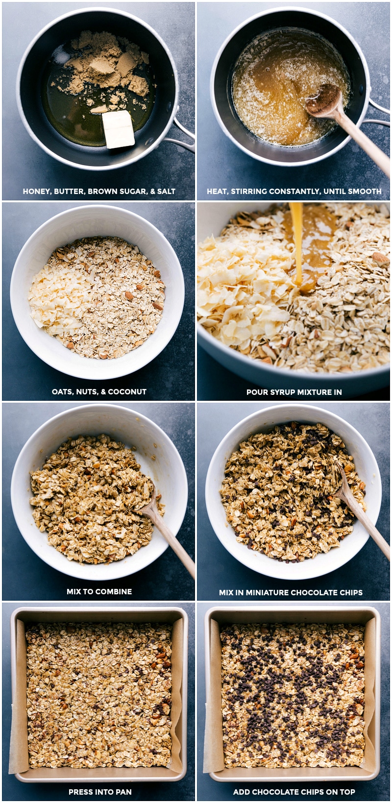 Process shots of making Homemade Granola Bars: melt honey, butter, brown sugar and salt; heat and stir until smooth; combine oats, nuts and coconut; pour syrup mixture in; combine and mix in chocolate chips; press into pan; add chocolate chips on top.