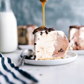 Caramel being poured on top of the Ice Cream Pie.