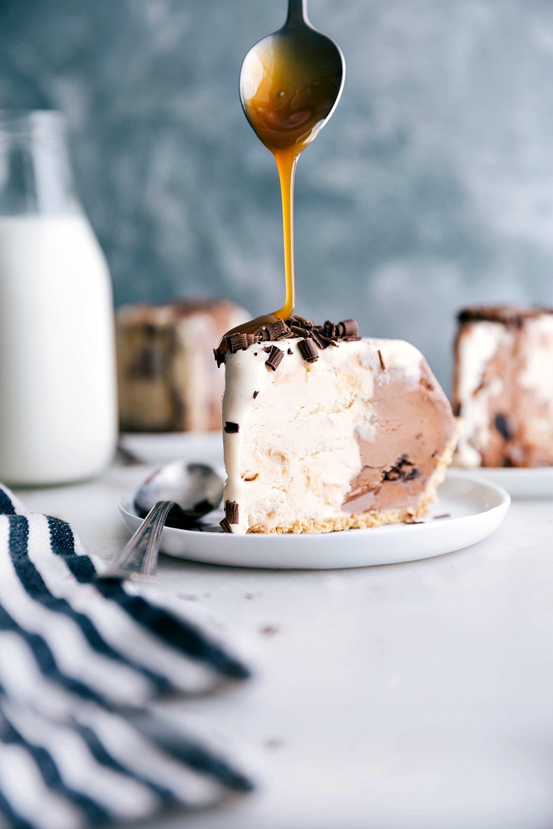 Caramel being poured on top of the Ice Cream Pie.