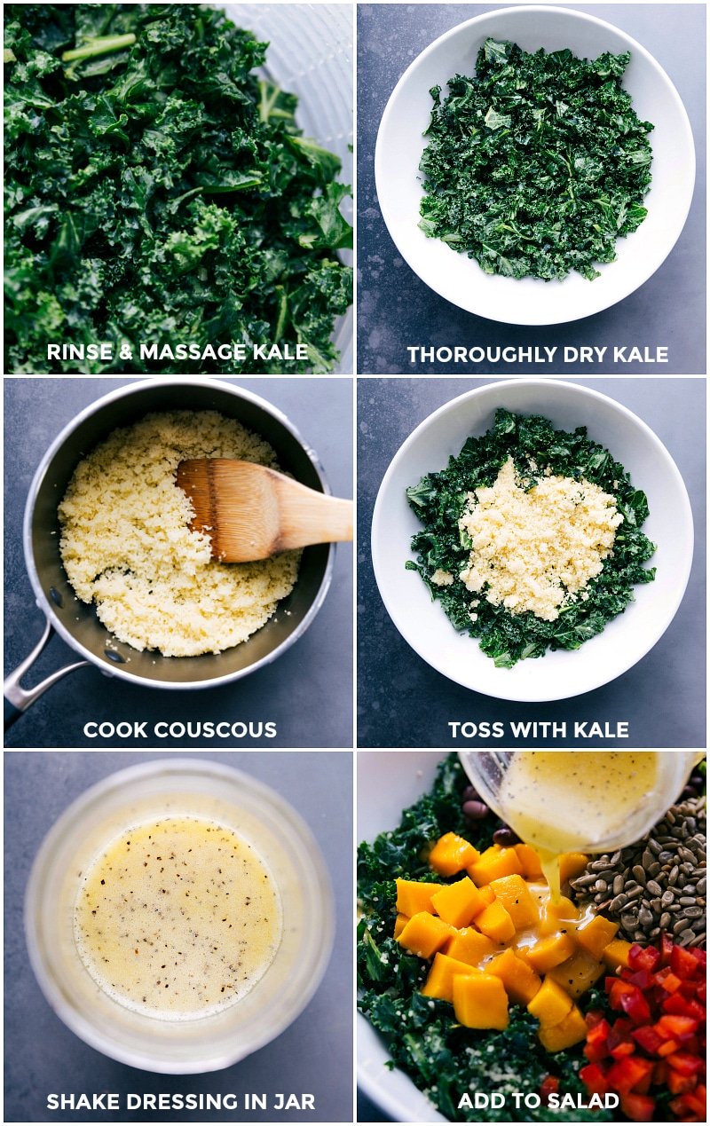 Process shots: preparing the kale; cooking the couscous; tossing the kale with the couscous; making the dressing; adding the dressing to the salad.
