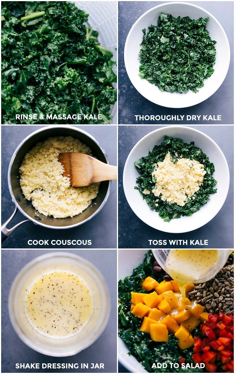 Kale cleaning, couscous boiling, ingredients tossing, dressing whisking, and final salad assembly