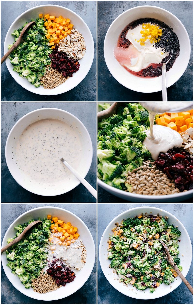 Process shots-- adding all the ingredients to a bowl; making the dressing; and pouring over it the salad