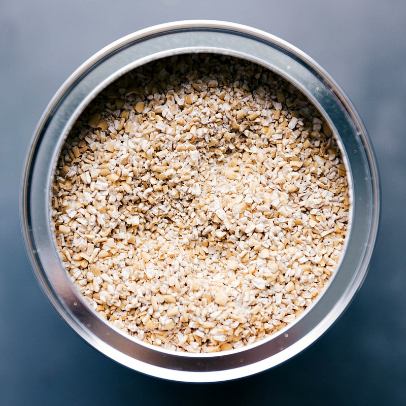 Overhead image of the raw steel-cut oats in a container.