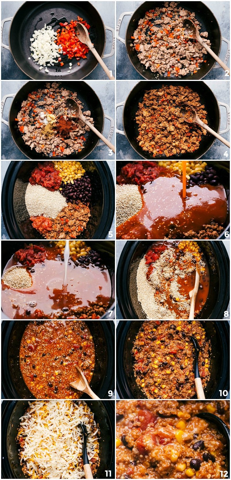 Ingredients including onion, bell pepper, and turkey being added to the slow cooker, mixed, and undergoing the cooking process.