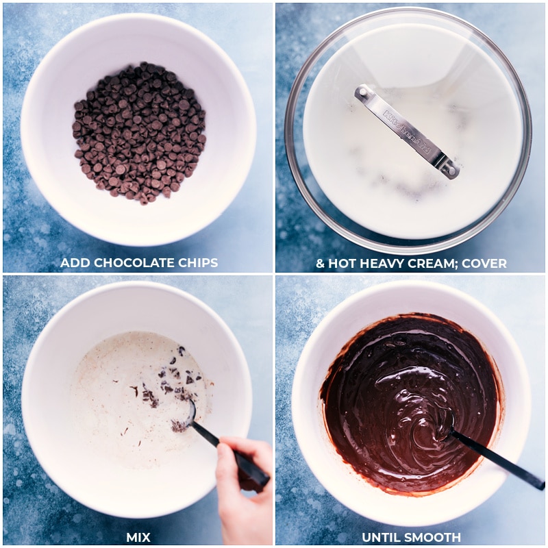 Process shots-- images of the chocolate chips and hot heavy cream being mixed together until everything is smooth