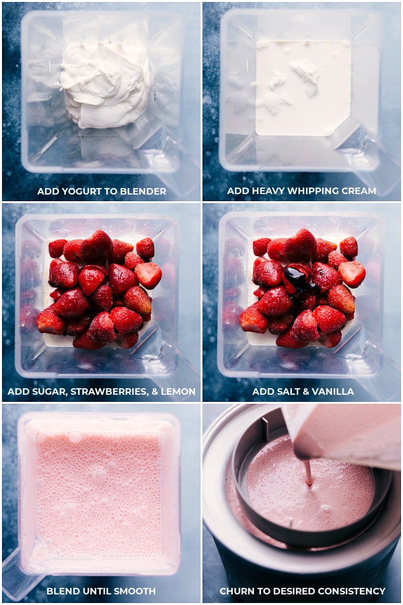 Process shots of making Strawberry Frozen Yogurt.