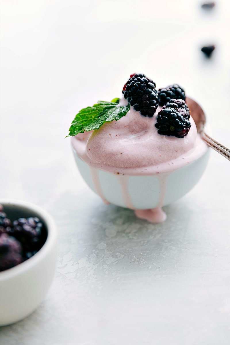 Strawberry Frozen Yogurt topped with blackberries