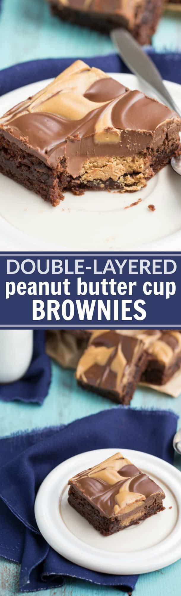 double-layered peanut butter cup brownies