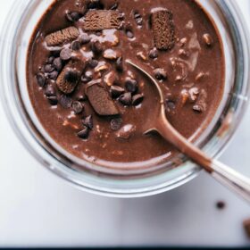 Finished brownie batter overnight oats recipe, ready to be enjoyed as a deliciously prepared breakfast.