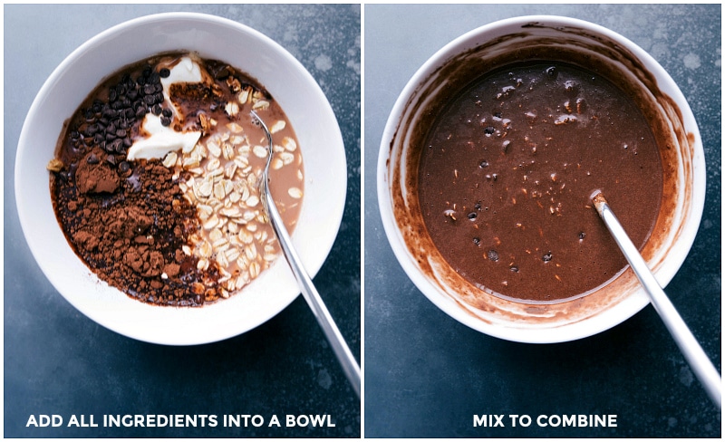 All the ingredients for overnight brownie batter oats in a bowl; followed by the process of combining these ingredients.