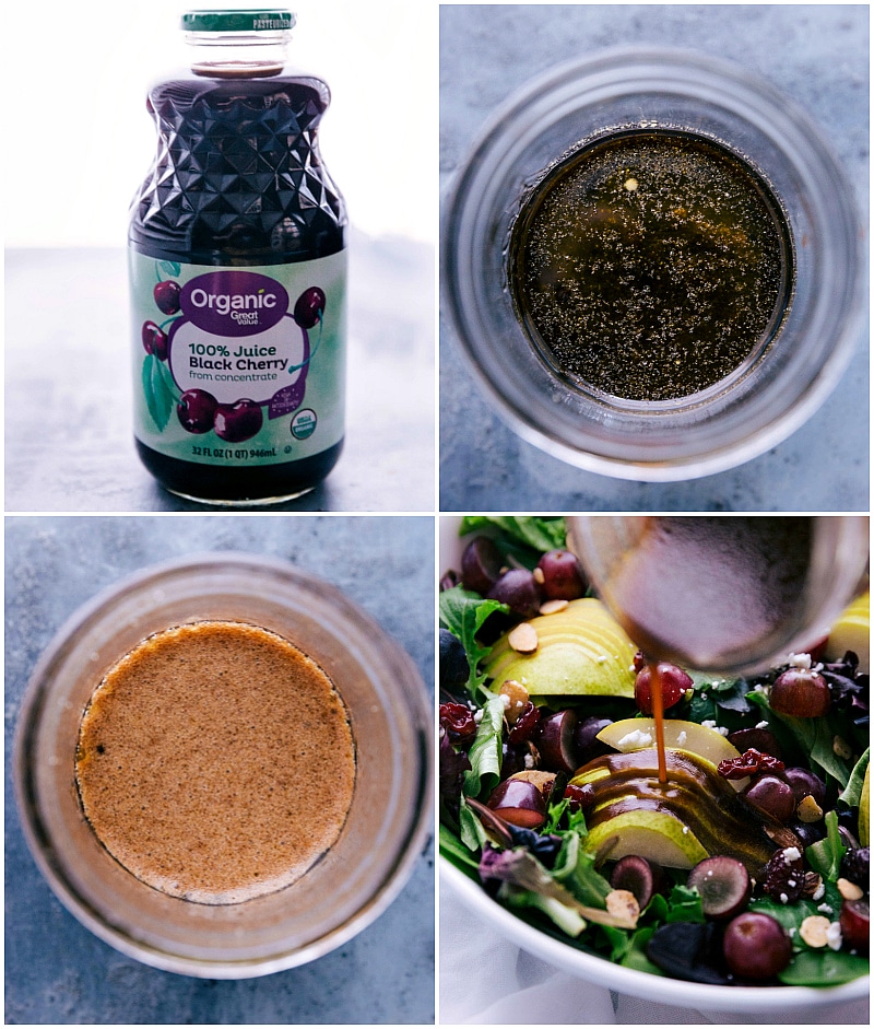 Process shots-- how to make Cherry Balsamic Salad Dressing and what ingredients to use. One shot showing the dressing going on a salad.