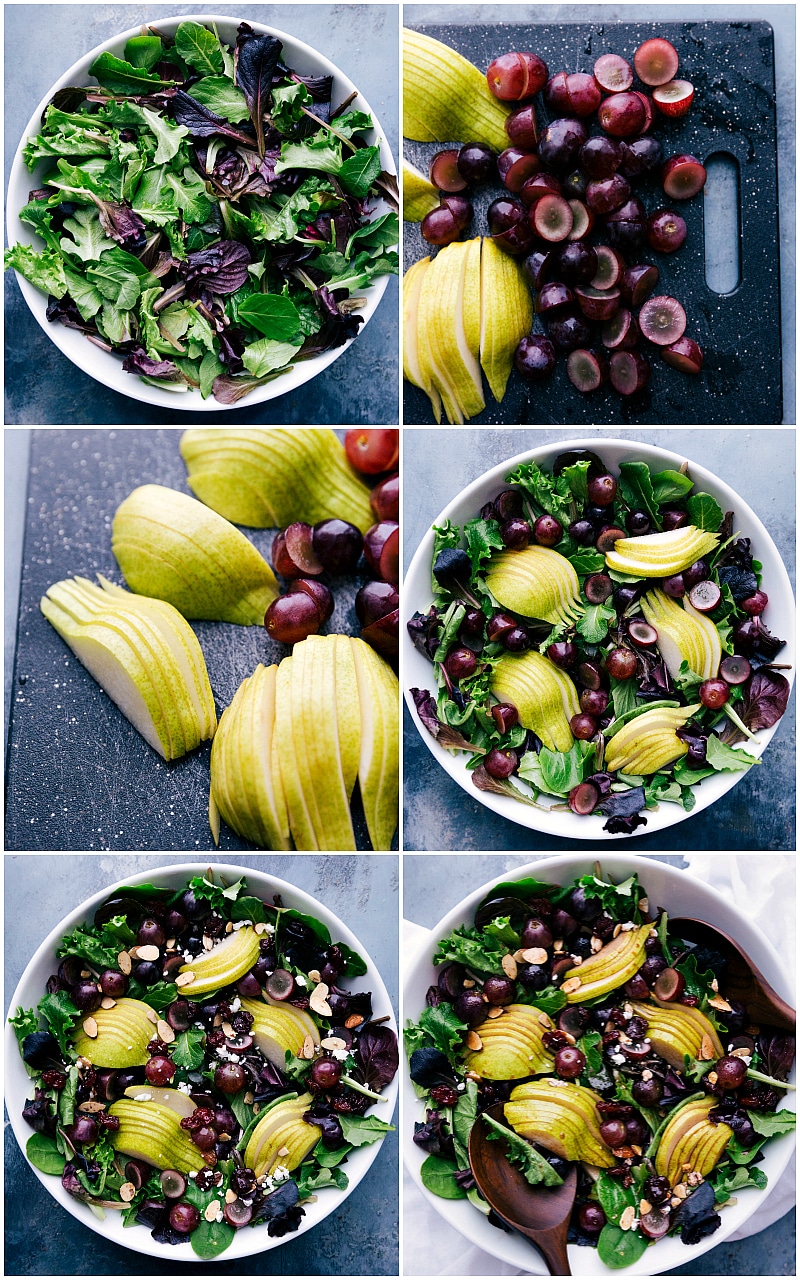 Chopping fresh grapes and pears and placing them over crisp greens.