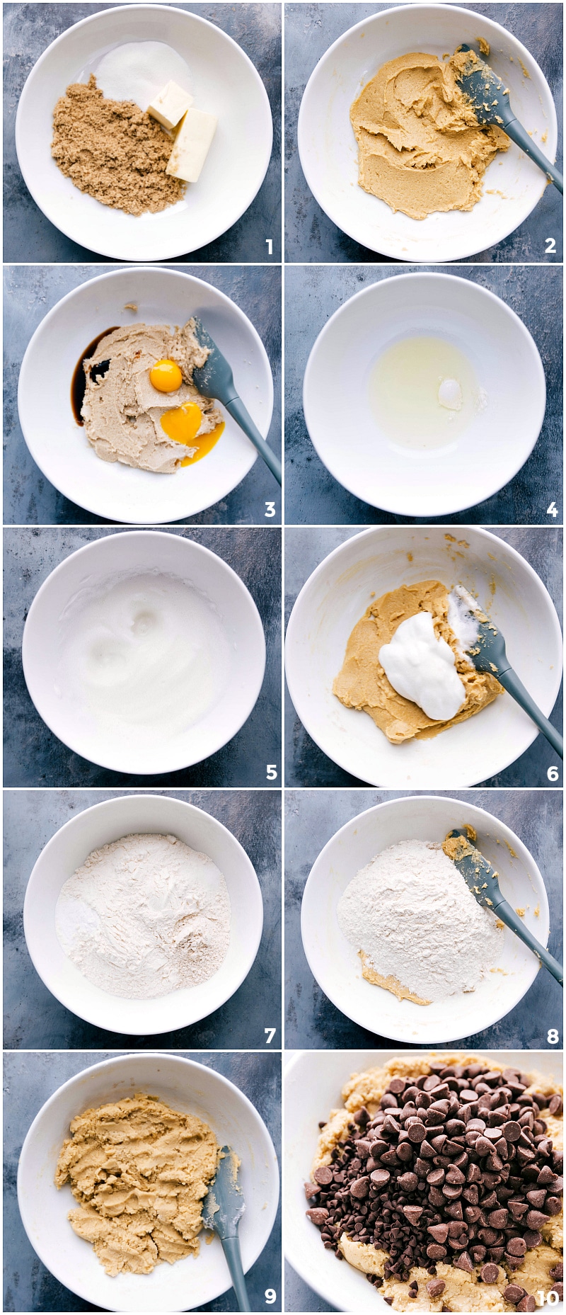 Process shots: combining sugar and wet ingredients; mixing well; combining dry ingredients; adding dry ingredients to the wet; mixing; adding two types of chocolate chips.